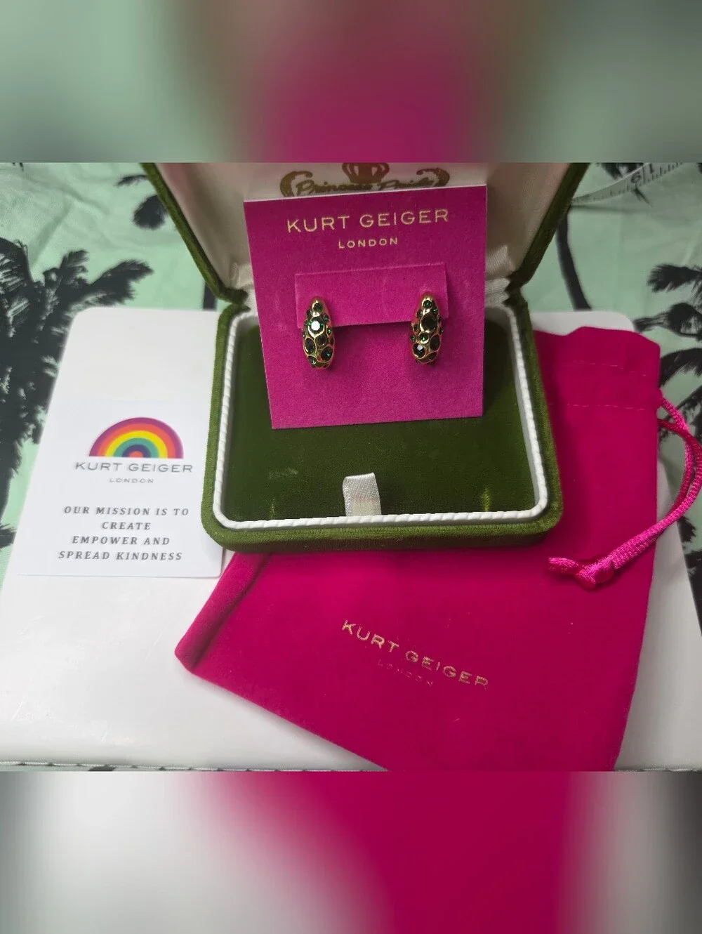 Kurt Geiger Gold Huggie Hoop Earrings with Green Stones